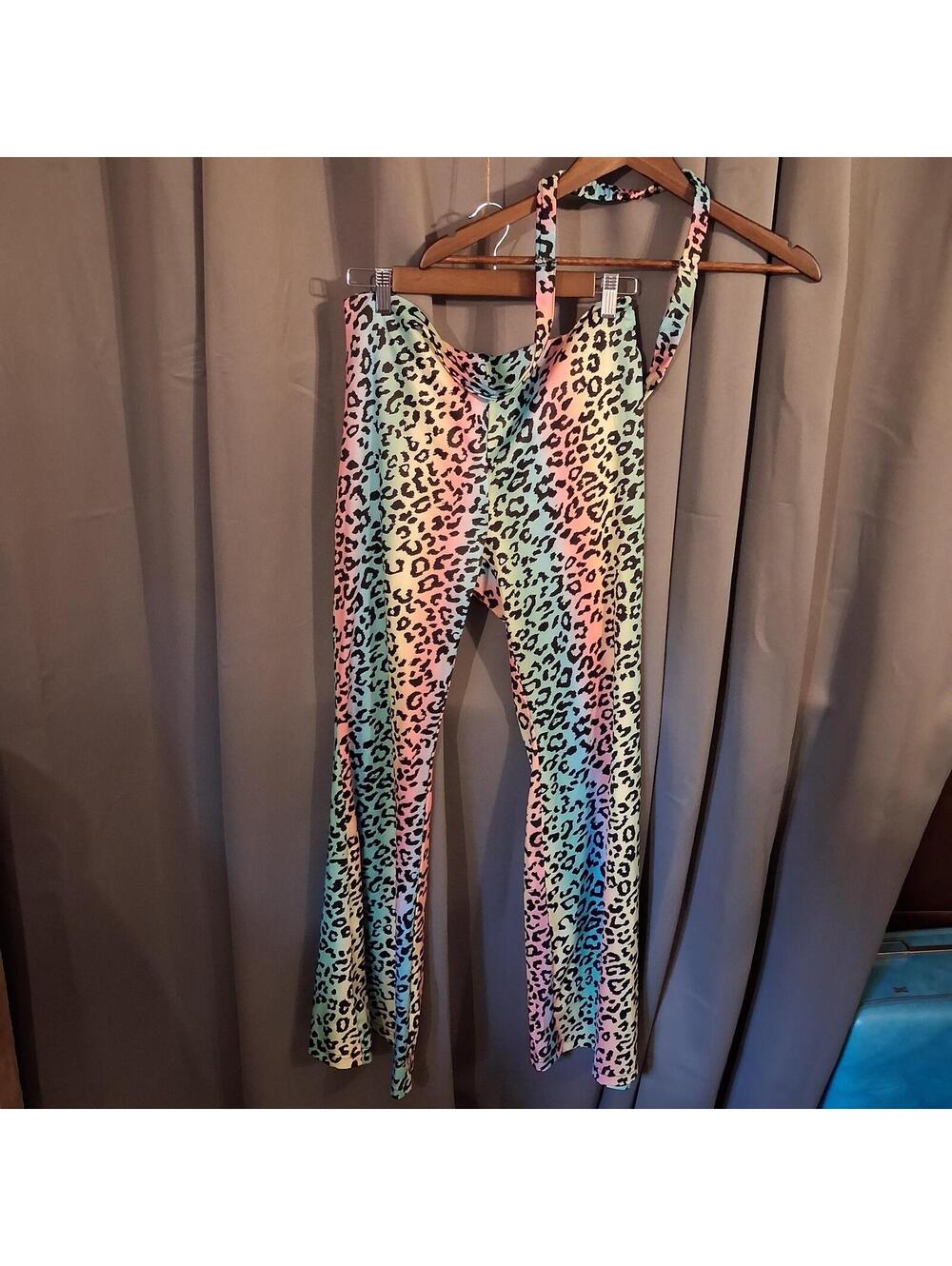 XL Multicolor Leopard Print Flared Pants with Suspenders